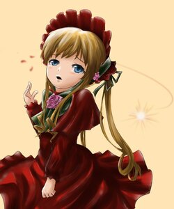 Rating: Safe Score: 0 Tags: 1girl blonde_hair blue_eyes bonnet bow capelet dress flower image long_hair long_sleeves pink_rose red_dress rose shinku simple_background solo twintails yellow_background User: admin