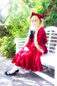 Rating: Safe Score: 0 Tags: 1girl blonde_hair blue_eyes bow dress high_heels outdoors red_dress shinku shoes solo white_legwear User: admin