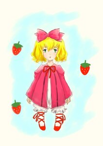 Rating: Safe Score: 0 Tags: 1girl apple blonde_hair bloomers bow cherry dress drill_hair food fruit green_eyes hair_bow hina_ichigo hinaichigo holding_fruit image object_namesake pink_bow shoes short_hair solo strawberry strawberry_print underwear User: admin