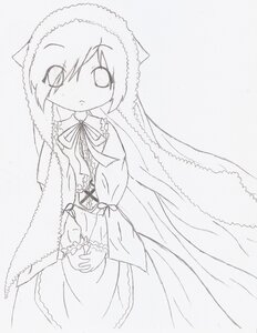 Rating: Safe Score: 0 Tags: 1girl blush dress eyebrows_visible_through_hair frills greyscale image long_hair long_sleeves looking_at_viewer monochrome ribbon solo standing suiseiseki very_long_hair User: admin