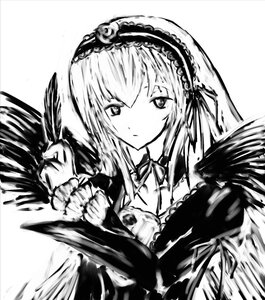 Rating: Safe Score: 0 Tags: 1girl black_wings closed_mouth dress feathered_wings feathers frills greyscale hairband image lolita_hairband long_hair long_sleeves looking_at_viewer monochrome ribbon rose simple_background solo suigintou upper_body wings User: admin