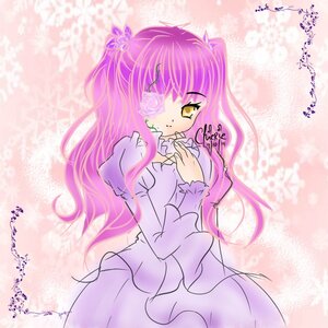 Rating: Safe Score: 0 Tags: 1girl dress eyepatch flower frills image juliet_sleeves kirakishou long_hair long_sleeves pink_hair purple_hair smile solo yellow_eyes User: admin