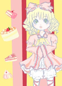 Rating: Safe Score: 0 Tags: 1girl blonde_hair bloomers blush bow cake food frills fruit green_eyes hina_ichigo hinaichigo image open_mouth pink_bow short_hair smile solo strawberry striped striped_background underwear yellow_background User: admin