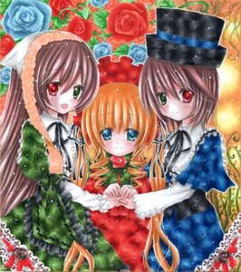 Rating: Safe Score: 0 Tags: 3girls blonde_hair blue_dress brown_hair dress flower green_dress green_eyes hat heterochromia holding_hands image long_hair long_sleeves looking_at_viewer multiple multiple_girls open_mouth red_eyes red_flower red_rose rose shinku short_hair siblings sisters smile souseiseki suiseiseki tagme traditional_media twins very_long_hair User: admin