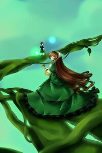 Rating: Safe Score: 0 Tags: 1girl brown_hair dress green_background green_dress hairband hat image long_hair long_sleeves solo suiseiseki very_long_hair User: admin