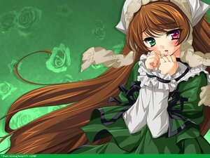 Rating: Safe Score: 0 Tags: 1girl brown_hair dress flower frills green_dress green_eyes hat heterochromia image long_hair long_sleeves red_eyes rose solo suiseiseki tears very_long_hair User: admin