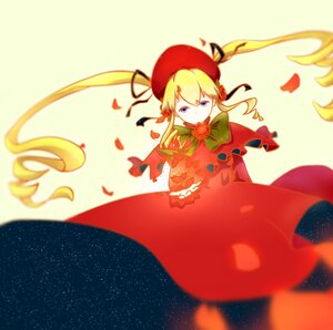 Rating: Safe Score: 0 Tags: 1girl blonde_hair blue_eyes blurry blurry_foreground bonnet bow bowtie depth_of_field dress flower green_bow green_neckwear image long_hair long_sleeves looking_at_viewer petals red_dress rose rose_petals shinku solo star_(sky) twintails User: admin