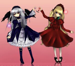 Rating: Safe Score: 0 Tags: 2girls blonde_hair blue_eyes boots dress frills full_body image long_hair long_sleeves looking_at_viewer multiple_girls pair red_dress shinku silver_hair simple_background standing suigintou very_long_hair wings User: admin