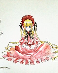 Rating: Safe Score: 0 Tags: 1girl blonde_hair blue_eyes blush bow bowtie dress flower frills image long_hair long_sleeves looking_at_viewer red_dress shinku sitting solo traditional_media twintails very_long_hair User: admin