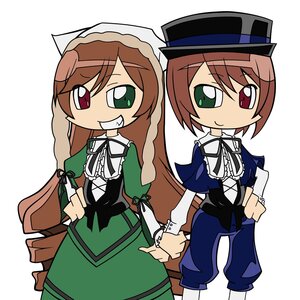 Rating: Safe Score: 0 Tags: 2girls black_ribbon blue_dress brown_hair dress frills green_dress green_eyes grin hat heterochromia holding_hands image long_hair long_sleeves looking_at_viewer multiple_girls pair red_eyes ribbon siblings simple_background sisters smile souseiseki standing suiseiseki top_hat twins very_long_hair white_background User: admin