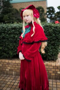 Rating: Safe Score: 0 Tags: 1girl blonde_hair blurry bonnet bow bush capelet depth_of_field dress long_hair long_sleeves outdoors red_capelet red_dress shinku solo standing User: admin