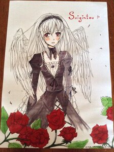 Rating: Safe Score: 0 Tags: 1girl black_wings blush dress feathered_wings feathers flower frills hairband image long_hair long_sleeves looking_at_viewer red_eyes red_flower red_rose rose solo suigintou traditional_media wings User: admin