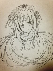 Rating: Safe Score: 0 Tags: 1girl eyebrows_visible_through_hair graphite_(medium) hairband image lolita_hairband long_hair looking_at_viewer monochrome photo simple_background sketch solo suigintou traditional_media upper_body User: admin