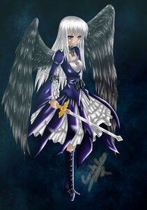 Rating: Safe Score: 0 Tags: 1girl boots breasts cross-laced_footwear dress frills full_body image knee_boots long_hair long_sleeves puffy_sleeves red_eyes silver_hair solo standing suigintou sword weapon white_hair wings User: admin