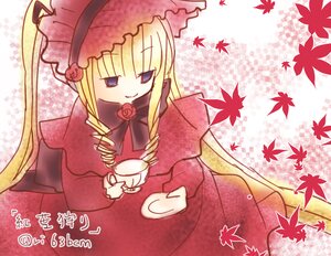 Rating: Safe Score: 0 Tags: 1girl anger_vein autumn autumn_leaves blonde_hair blue_eyes bonnet cup dress falling_leaves holding_cup image leaf long_hair long_sleeves looking_at_viewer maple_leaf shinku sitting smile solo tea teacup umbrella User: admin
