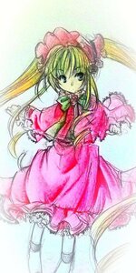 Rating: Safe Score: 0 Tags: 1girl blonde_hair blue_eyes bonnet bow bowtie dress frills full_body image long_hair long_sleeves looking_at_viewer shinku solo standing twintails User: admin