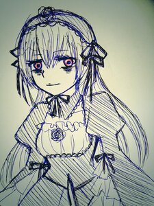 Rating: Safe Score: 0 Tags: 1girl closed_mouth dress eyebrows_visible_through_hair flower frills hairband image long_hair long_sleeves looking_at_viewer monochrome puffy_sleeves ribbon rose smile solo suigintou traditional_media upper_body User: admin