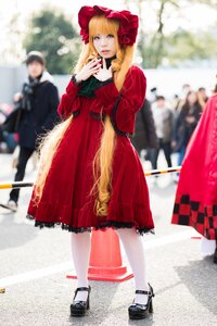 Rating: Safe Score: 0 Tags: 1girl 2girls blonde_hair blue_eyes blurry blurry_background blurry_foreground bonnet depth_of_field dress flower lips long_hair looking_at_viewer multiple_girls photo red_dress shinku shoes solo solo_focus standing User: admin