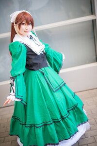 Rating: Safe Score: 0 Tags: 1girl brown_hair dress frills green_dress long_hair long_sleeves looking_at_viewer puffy_sleeves solo standing suiseiseki User: admin