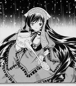 Rating: Safe Score: 0 Tags: 1girl dress food frills gothic_lolita greyscale hairband holding image lolita_fashion long_hair looking_at_viewer monochrome ribbon sky solo star_(sky) starry_sky suiseiseki very_long_hair User: admin