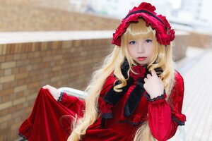 Rating: Safe Score: 0 Tags: 1girl blonde_hair blue_eyes blurry blurry_background bonnet capelet depth_of_field dress flower lips long_hair long_sleeves looking_at_viewer photo realistic red_capelet red_dress rose shinku solo upper_body User: admin