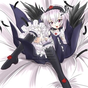 Rating: Safe Score: 0 Tags: 1girl black_wings blush boots dress feathers flower frills hairband image lolita_fashion long_hair long_sleeves looking_at_viewer open_mouth pink_eyes red_flower rose silver_hair smile solo suigintou wings User: admin