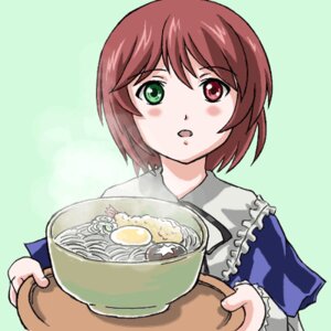 Rating: Safe Score: 0 Tags: 1girl blush bowl brown_hair food green_background green_eyes holding image open_mouth short_hair simple_background solo souseiseki upper_body User: admin
