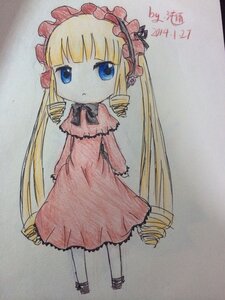 Rating: Safe Score: 0 Tags: 1girl blonde_hair blue_eyes bow dress drill_hair full_body image long_hair long_sleeves shinku solo standing traditional_media twin_drills very_long_hair User: admin