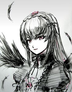 Rating: Safe Score: 0 Tags: 1girl choker dress feathers flower hair_ornament hairband image long_hair looking_at_viewer monochrome rose solo suigintou upper_body User: admin