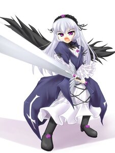 Rating: Safe Score: 0 Tags: 1girl black_wings boots dress flower frilled_sleeves frills full_body hairband holding_weapon image lolita_hairband long_hair long_sleeves looking_at_viewer open_mouth puffy_sleeves rose silver_hair solo standing suigintou sword weapon white_background wings User: admin