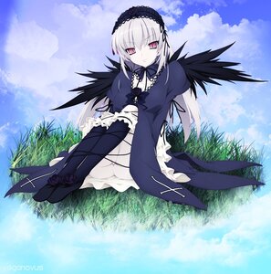 Rating: Safe Score: 0 Tags: 1girl black_wings cloud day dress frills grass hairband image long_hair long_sleeves looking_at_viewer outdoors red_eyes silver_hair sitting sky smile solo suigintou wings User: admin