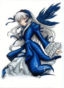 Rating: Safe Score: 0 Tags: 1girl black_wings dress frilled_sleeves frills hairband image long_hair long_sleeves looking_at_viewer red_eyes ribbon rose silver_hair simple_background solo suigintou traditional_media white_background wings User: admin