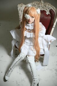 Rating: Safe Score: 0 Tags: 1girl bangs blonde_hair boots cross-laced_footwear dress flower gloves hair_flower hair_ornament kirakishou lace lips long_hair sitting solo very_long_hair white_dress User: admin