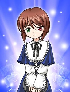 Rating: Safe Score: 0 Tags: 1girl blue_dress brown_hair dress flower frills green_eyes heterochromia image long_sleeves looking_at_viewer red_eyes ribbon short_hair smile solo souseiseki suiseiseki User: admin