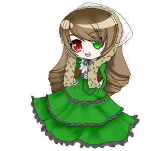 Rating: Safe Score: 0 Tags: 1girl :d brown_hair chibi dress drill_hair frills full_body green_dress green_eyes heterochromia image long_hair long_sleeves looking_at_viewer open_mouth red_eyes ribbon simple_background smile solo standing suiseiseki twintails very_long_hair white_background User: admin