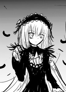 Rating: Safe Score: 0 Tags: 1girl closed_mouth dress eyebrows_visible_through_hair feathers frills greyscale hairband image long_sleeves looking_at_viewer monochrome smile solo suigintou upper_body User: admin