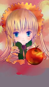 Rating: Safe Score: 0 Tags: 1girl blonde_hair blue_eyes bonnet bow dress drill_hair flower food frills fruit image long_hair looking_at_viewer rose shinku smile solo twintails User: admin