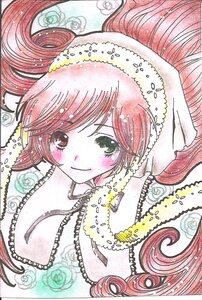 Rating: Safe Score: 0 Tags: 1girl auto_tagged blush closed_mouth flower green_eyes image lace long_hair looking_at_viewer marker_(medium) portrait rose smile solo suiseiseki traditional_media upper_body watercolor_(medium) User: admin
