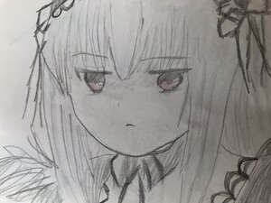 Rating: Safe Score: 0 Tags: 1girl bangs blush closed_mouth eyebrows_visible_through_hair face greyscale hair_between_eyes hair_ornament hair_ribbon image long_hair looking_at_viewer monochrome ribbon simple_background solo suigintou traditional_media User: admin