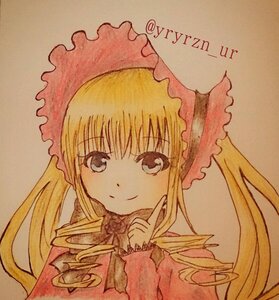 Rating: Safe Score: 0 Tags: 1girl bangs blonde_hair bonnet brown_background character_name closed_mouth drill_hair eyebrows_visible_through_hair hat image index_finger_raised long_hair long_sleeves looking_at_viewer portrait shinku simple_background smile solo traditional_media twin_drills twintails upper_body User: admin