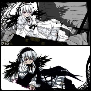 Rating: Safe Score: 0 Tags: black_wings dress frills hairband image long_hair long_sleeves multiple_girls pink_eyes ribbon silver_hair solo suigintou wings User: admin