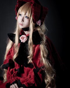 Rating: Safe Score: 0 Tags: 1girl blonde_hair blue_eyes bonnet bow dress flower lips long_hair pink_flower pink_rose realistic rose shinku solo User: admin