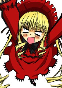 Rating: Safe Score: 0 Tags: 1girl blonde_hair blush bonnet bow bowtie chibi dress frills image long_hair long_sleeves open_mouth red_dress shinku simple_background smile solo twintails white_background User: admin