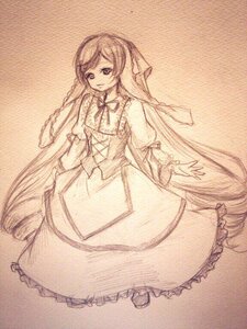 Rating: Safe Score: 0 Tags: 1girl blush dress frills full_body image long_hair long_sleeves looking_at_viewer monochrome solo suiseiseki traditional_media very_long_hair User: admin