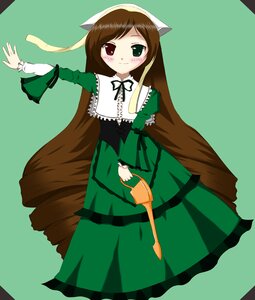 Rating: Safe Score: 0 Tags: 1girl blush brown_hair dress drill_hair frills full_body green_background green_dress green_eyes heterochromia image long_hair long_sleeves looking_at_viewer red_eyes simple_background smile solo standing suiseiseki twin_drills very_long_hair User: admin