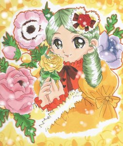 Rating: Safe Score: 0 Tags: 1girl drill_hair flower green_eyes green_hair hair_ornament image kanaria long_sleeves looking_at_viewer red_rose ribbon rose smile solo twin_drills User: admin