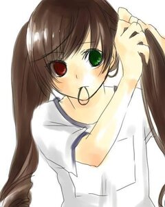 Rating: Safe Score: 0 Tags: 1girl bangs blush brown_hair heterochromia image long_hair looking_at_viewer mouth_hold red_eyes shirt short_sleeves simple_background solo suiseiseki twintails upper_body white_background white_shirt User: admin