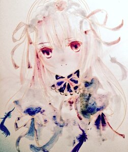 Rating: Safe Score: 0 Tags: 1girl bangs bug butterfly closed_mouth flower hair_ribbon image insect long_hair looking_at_viewer purple_eyes ribbon simple_background solo suiseiseki traditional_media white_hair User: admin