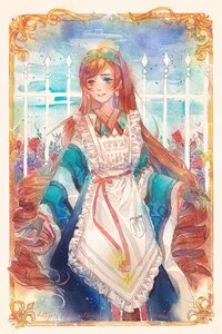 Rating: Safe Score: 0 Tags: 1girl apron dress flower frills image long_hair smile solo suiseiseki traditional_media very_long_hair watercolor_(medium) User: admin