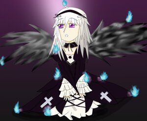 Rating: Safe Score: 0 Tags: 1girl black_feathers black_wings choker dress feathered_wings feathers frills hairband image long_hair long_sleeves looking_at_viewer purple_eyes ribbon silver_hair solo suigintou wings User: admin